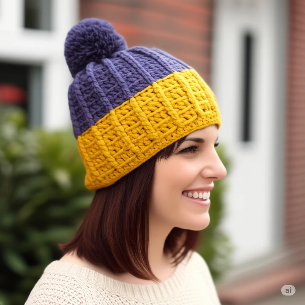 Handmade pom-pom hat beanie with fleece lining at ears crochet